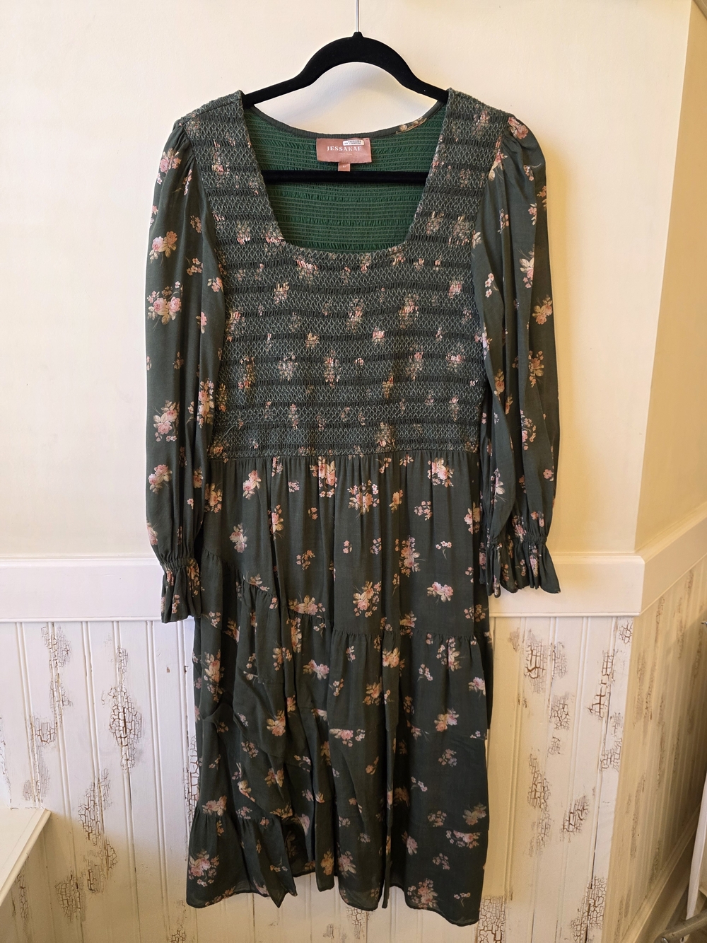 JessaKae Olive Green Long Sleeve Floral Midi Dress